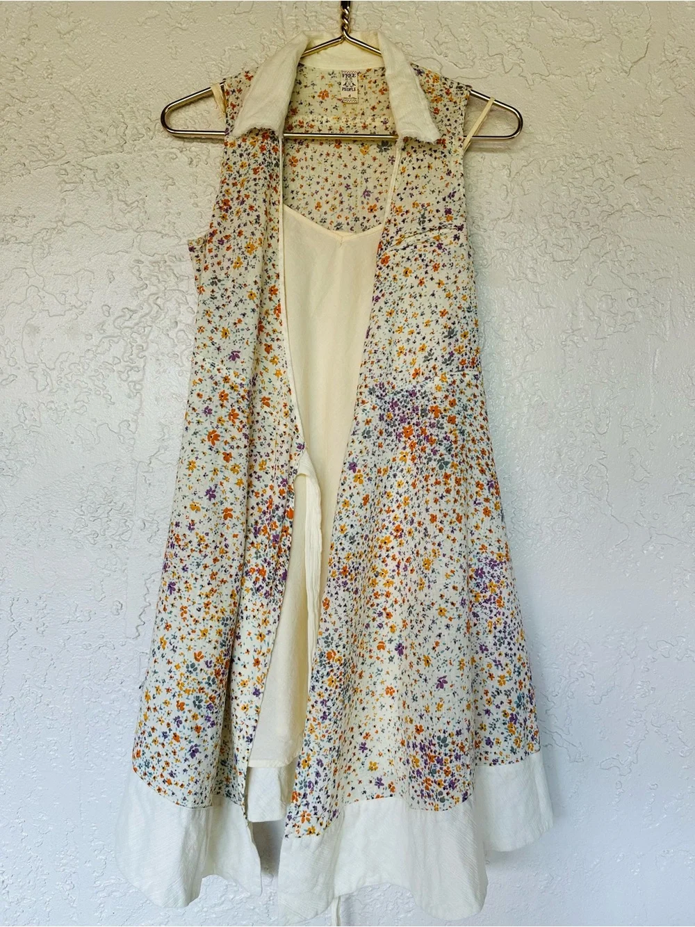 Vintage Free People Linen Cotton Floral Sleeveless Wrap Mini Dress Boho
